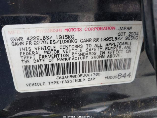 2005 MITSUBISHI LANCER EVOLUTION JA3AH86D05U021760 Photo 8