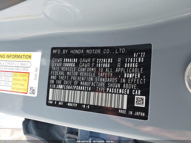 JHMFL5G47PX000214 Honda k20c1