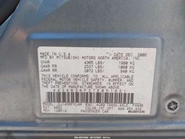 2007 MITSUBISHI GALANT 4A3AB36F37E051921 Photo 8