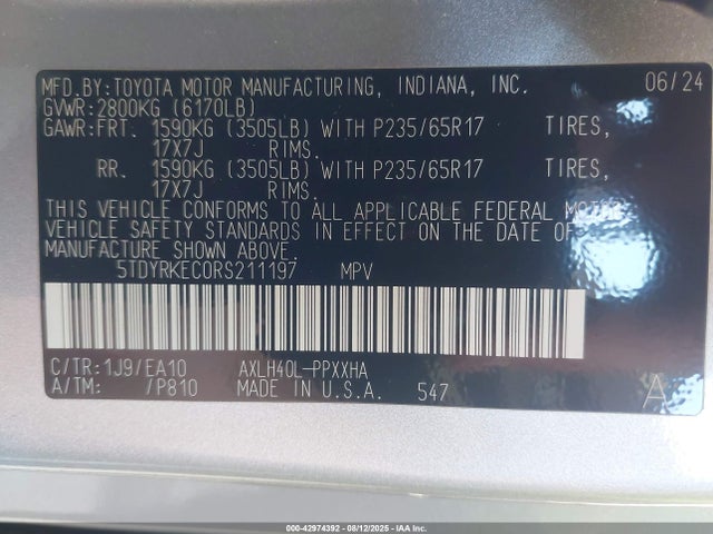 5TDYRKEC0RS211197 Toyota a25a-fxs