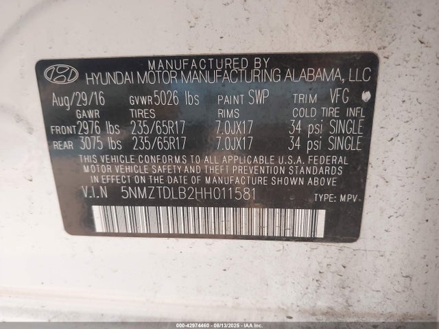 5NMZTDLB2HH011581 Hyundai gdi theta ii