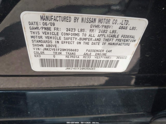 2009 Infiniti G37x მანქანა იყიდება აუქციონზე, vin: JNKCV61F29M358483, აუქციონის ნომერი: 42974484