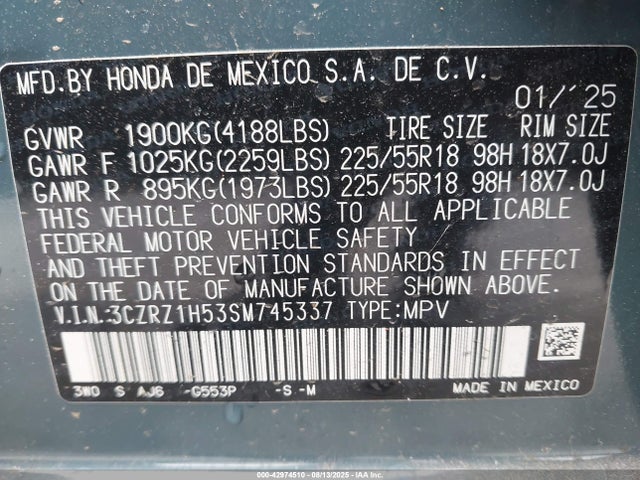 3CZRZ1H53SM745337 Honda k20z5
