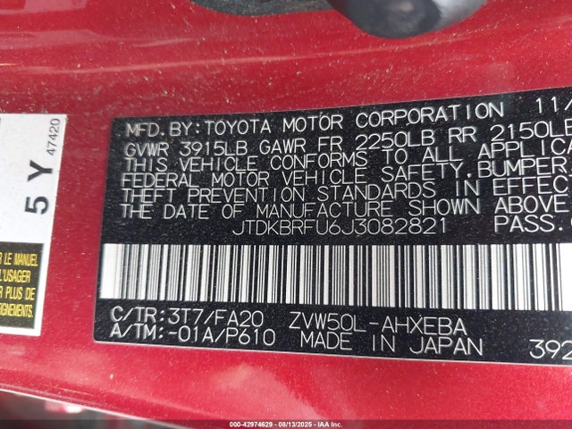 JTDKBRFU6J3082821 Toyota 2zr-fxe,1nm