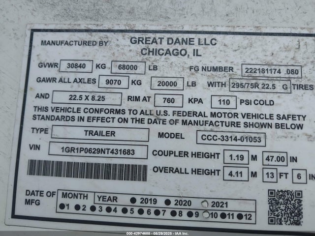 Продажа на аукционе авто 2022 Great Dane Trailers Semi Trailer, vin: 1GR1P0629NT431683, номер лота: 42974688