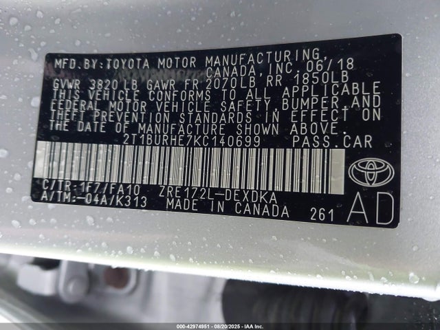Toyota 2zr-fe 2019 2T1BURHE7KC140699 Image 9