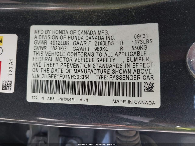 2HGFE1F91NH308354 Honda l15b7