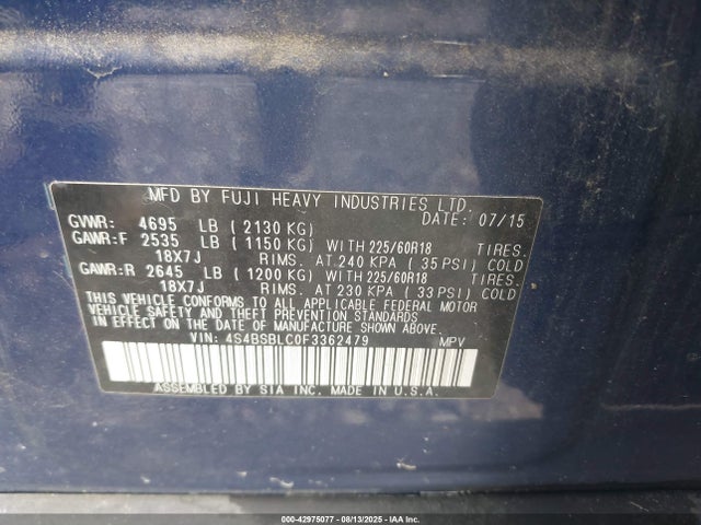 Subaru 2.5l u6 2015 4S4BSBLC0F3362479 Image 9