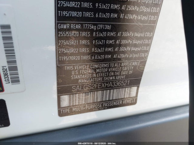 42975110 :رقم المزاد ، SALGS2FEXHA336521 vin ، 2017 Land Rover Range Rover 5.0l V8 Supercharged مزاد بيع