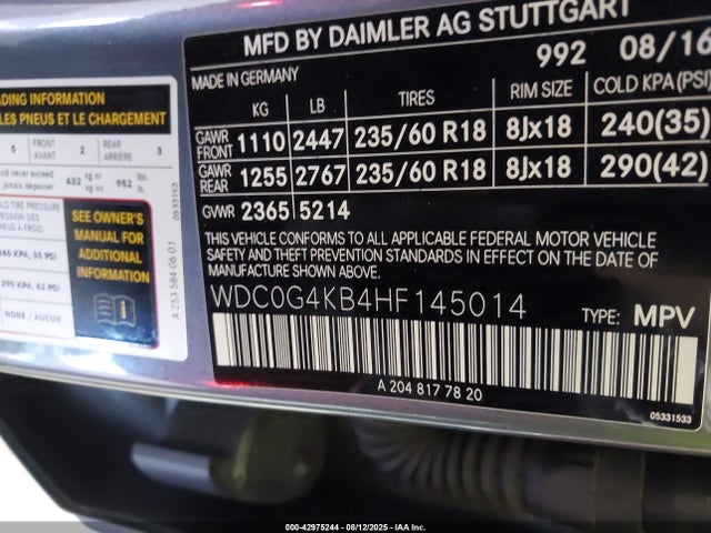 WDC0G4KB4HF145014 Mercedes-Benz m274