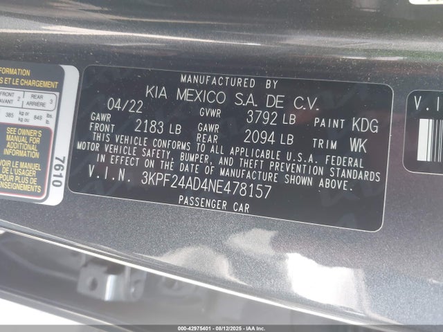 3KPF24AD4NE478157 KIA mpi nu