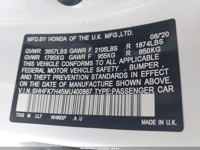 Honda l15ba 2021 SHHFK7H45MU400887 Image 9