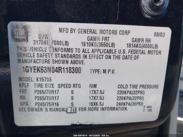2004 CADILLAC ESCALADE 1GYEK63N04R118300 Photo 8