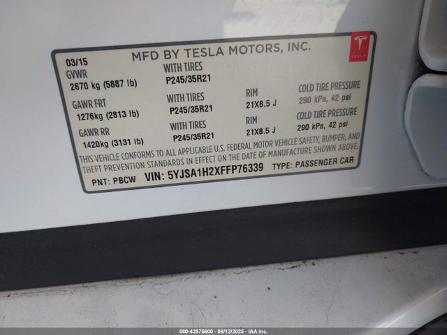2015 TESLA MODEL S 5YJSA1H2XFFP76339 Photo 8