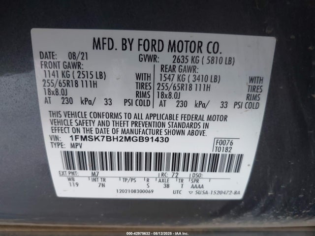 1FMSK7BH2MGB91430 Ford Explorer