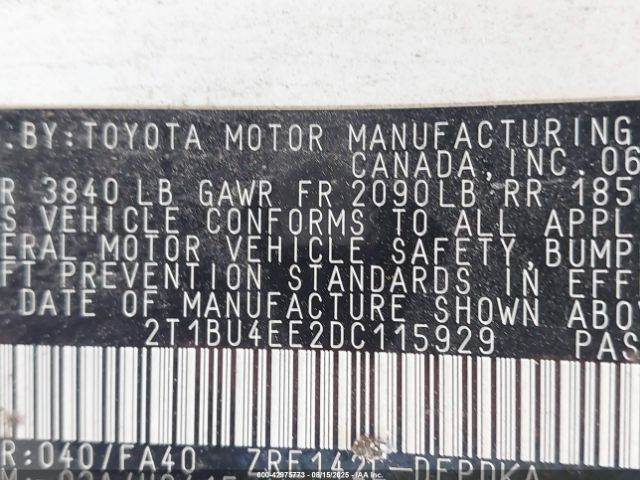 2013 TOYOTA COROLLA 2T1BU4EE2DC115929 Photo 8