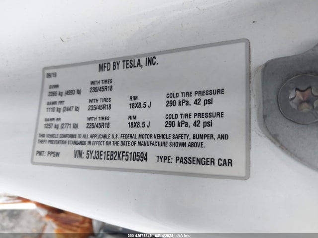 2019 TESLA MODEL 3 5YJ3E1EB2KF510594 Photo 8