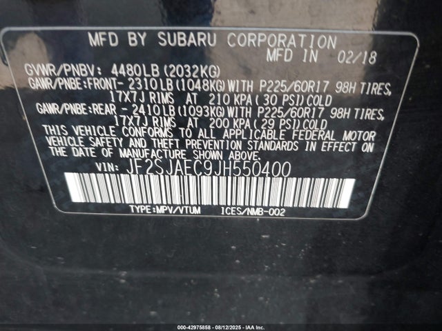 JF2SJAEC9JH550400 Subaru naturally aspirated u5