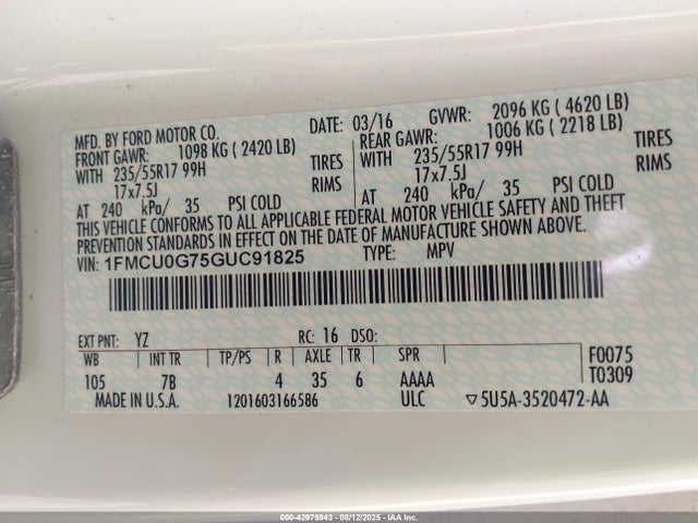 1FMCU0G75GUC91825 Ford Escape