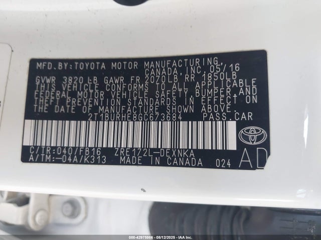 Toyota 2zr-fe 2016 2T1BURHE8GC673684 Image 9