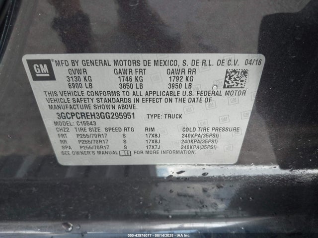 3GCPCREH3GG295951 Chevrolet lv3 - sidi, vvt, aluminum, e85 max