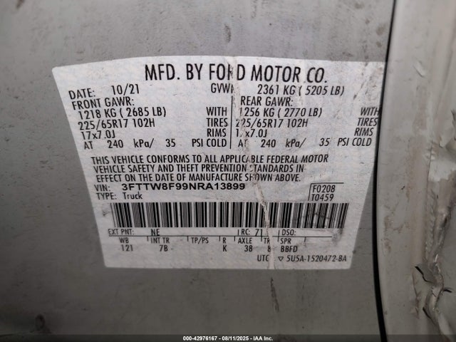 Ford ecoboost 2022 3FTTW8F99NRA13899 Image 9