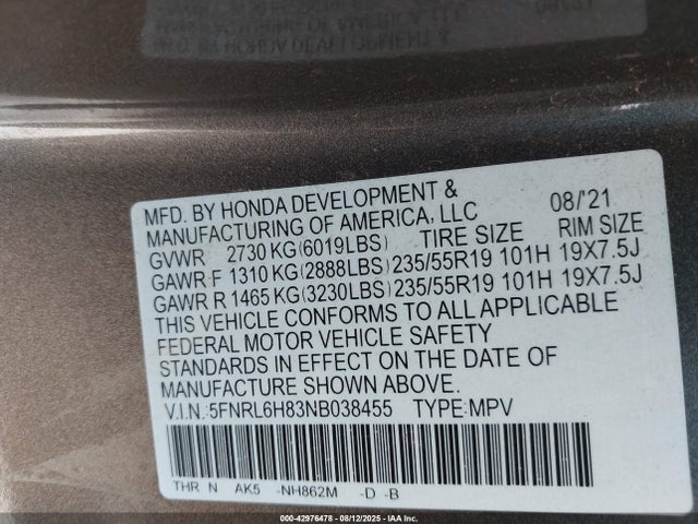 Honda j35y7 2022 5FNRL6H83NB038455 Image 9