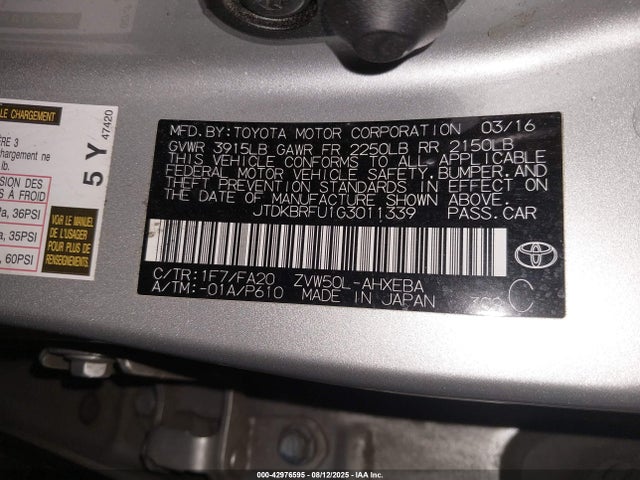 JTDKBRFU1G3011339 Toyota 2zr-fxe,1nm