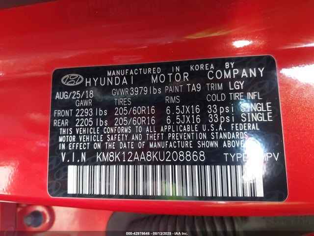 KM8K12AA8KU208868 Hyundai mpi nu