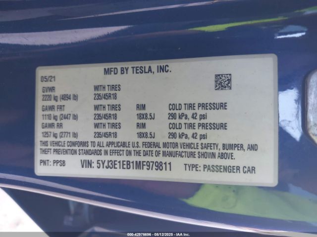 2021 TESLA MODEL 3 5YJ3E1EB1MF979811 Photo 8