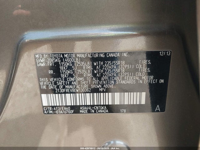 Toyota 2ar-fe 2014 2T3DFREV8EW130362 Image 9