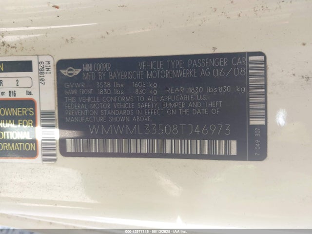 2008 MINI COOPER CLUBMAN WMWML33508TJ46973 Photo 8