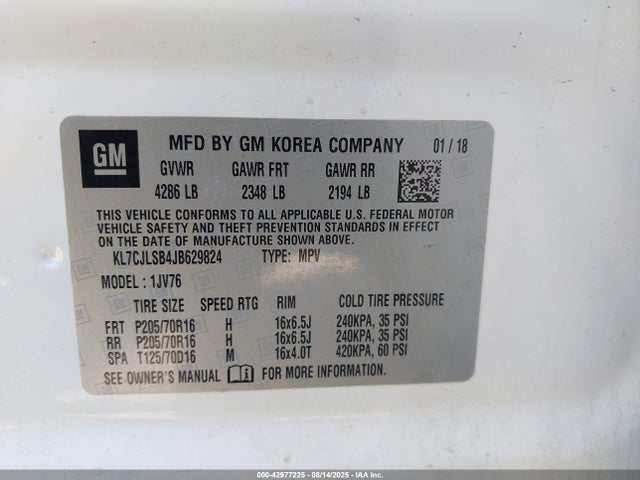 KL7CJLSB4JB629824 Chevrolet luv - mfi, variable valve timing, e85 max, alum