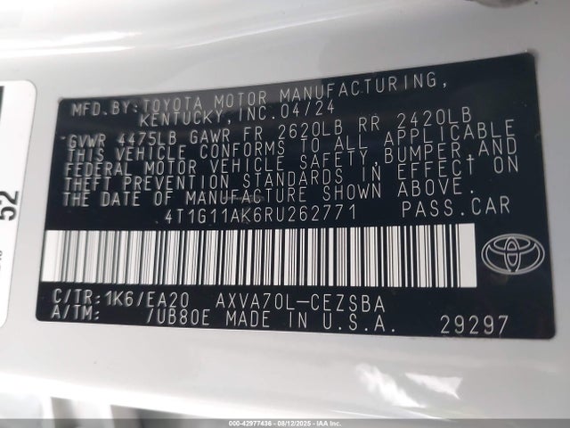 4T1G11AK6RU262771 Toyota a25a-fks