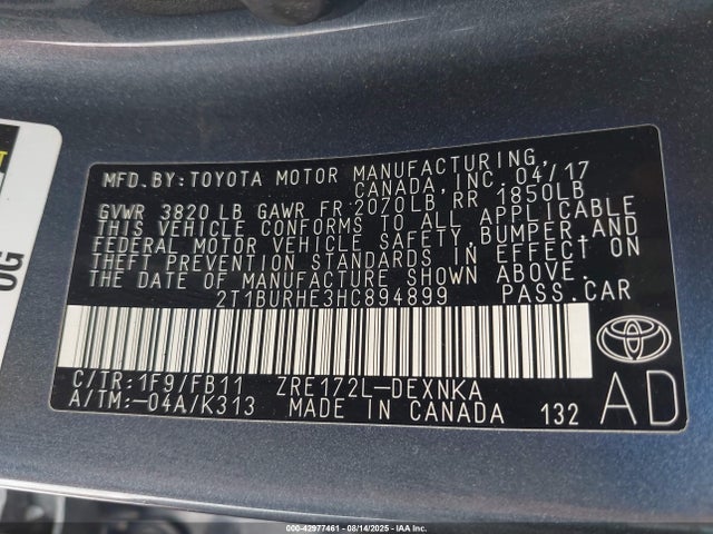 2T1BURHE3HC894899 Toyota 2zr-fe