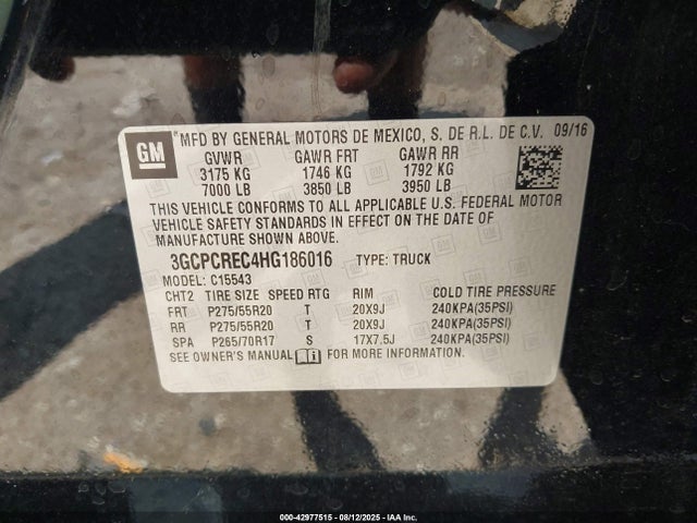 3GCPCREC4HG186016 Chevrolet l83 - sidi: spark ignited direct injection, vvt: variable valve timing, afm, e85 max, alum
