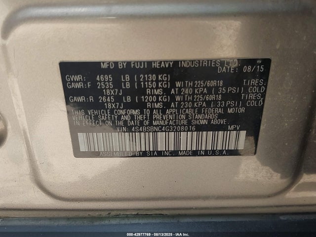 4S4BSBNC4G3208016 Subaru 2.5l u6