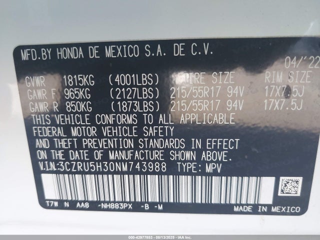 3CZRU5H30NM743988 Honda r18z9