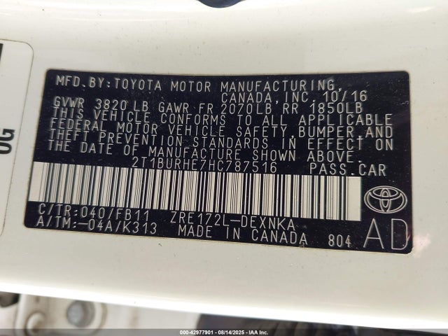 Toyota 2zr-fe 2017 2T1BURHE7HC787516 Image 9