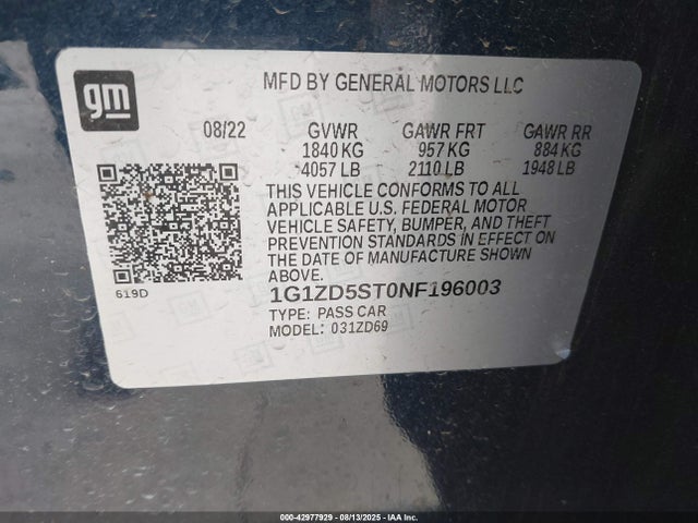 Chevrolet lfv - direct injection, variable valve timing, gen 1 gmna 2022 1G1ZD5ST0NF196003 Image 9