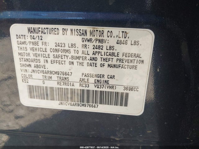 Aukcja sprzedaży 2012 Infiniti G37x, vin: JN1CV6AR9CM976647, numer aukcji: 42977937