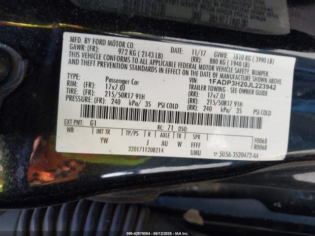 1FADP3H20JL223942 Ford 2.0l gdi