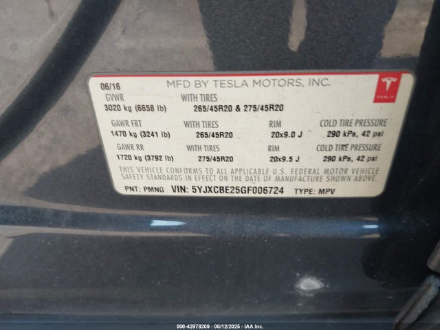 Tesla MODEL X 2016 5YJXCBE25GF006724 Image 9