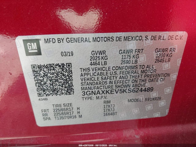 3GNAXKEV5KS624489 Chevrolet lyx - direct injection, vvt, fgt, turbo, alum, gen1