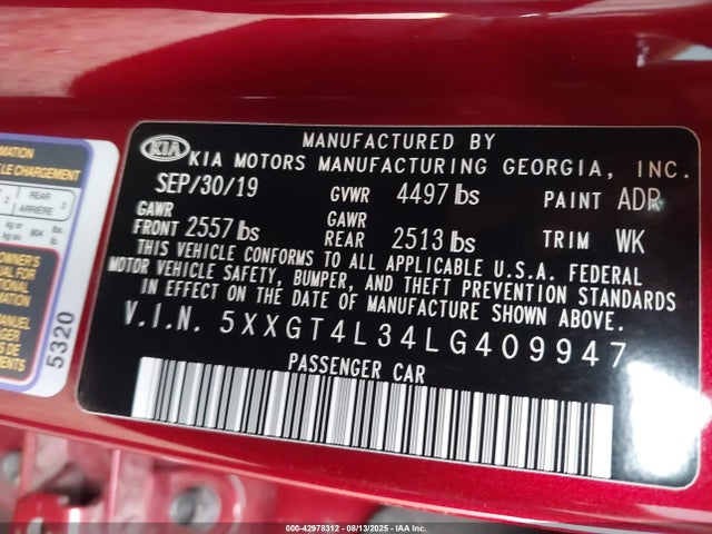 5XXGT4L34LG409947 KIA gdi