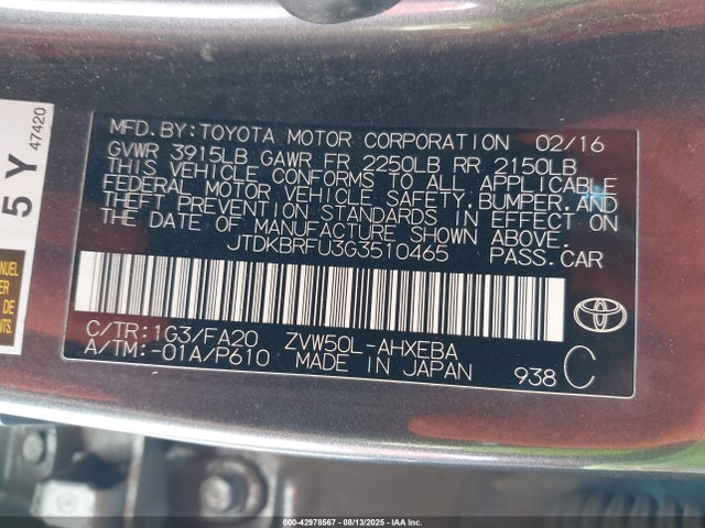 JTDKBRFU3G3510465 Toyota 2zr-fxe,1nm