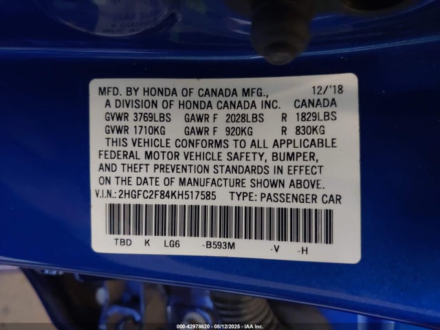 Honda k20c2 2019 2HGFC2F84KH517585 Image 9