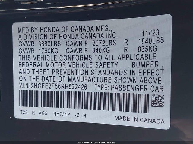 Honda k20c2 2024 2HGFE2F56RH522426 Image 9