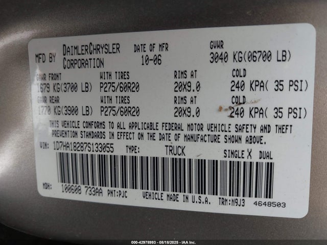 Aukcja sprzedaży 2007 Dodge Ram 1500 Slt, vin: 1D7HA18287S133055, numer aukcji: 42978993