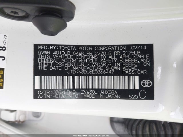 Toyota 2zr-fxe+3jm 2014 JTDKN3DU6E0366447 Image 9